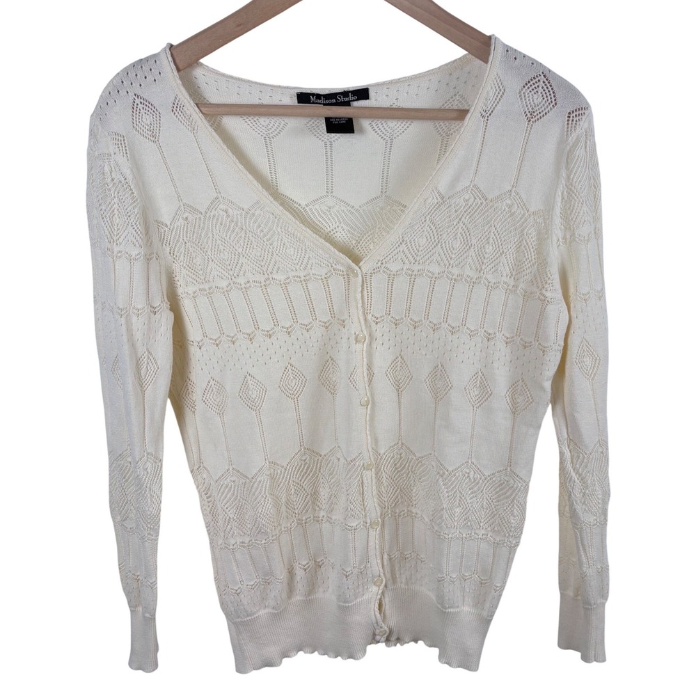 Dainty Ivory Cardigan Sweater M Cotton Pointelle Cottagecore Fairycore Y2K